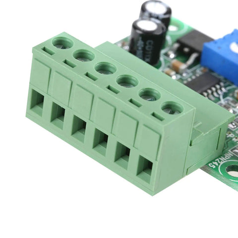 Close-up of 0 To 5V And 0 To 10V Analog Input To PWM Converter with Dual Outputs, showing terminals, green connector, industrial controller ready.