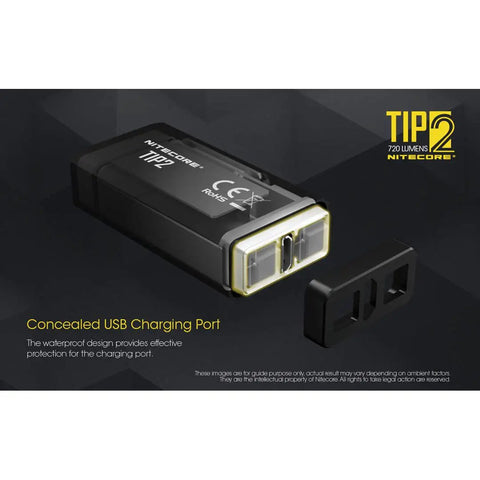 Tip 2 Keychain Flashlight With 720 Lumens USB Rechargeable EDC Pocket Light showing concealed USB charging port