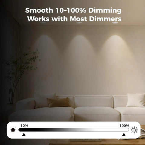 Image showing 2-Pack 3 Inch 5CCT LED Pinhole Recessed Spotlight Lights with J-Box dimming feature in a cozy living room setting.
