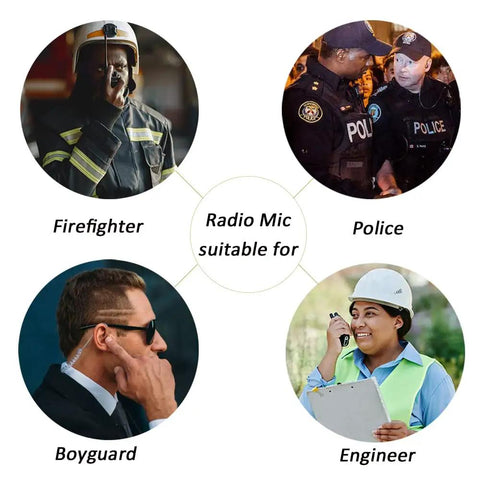 Image showing occupations using Two Pin Speaker Microphone For HYT Hytera Radios, including firefighter, police, bodyguard, and engineer.