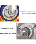 Close-up of Six Inch Blue Rubber Castor Wheels With Silent 360 Degree Swivel Rotation showing heat resistance and double bearing design.