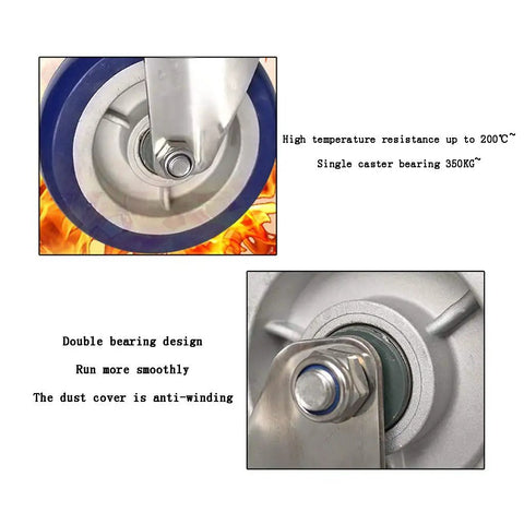Close-up of Six Inch Blue Rubber Castor Wheels With Silent 360 Degree Swivel Rotation showing heat resistance and double bearing design.