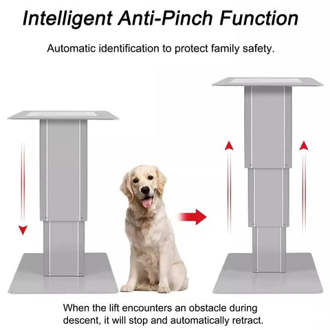 Automatic Electric Table Lift For RV Dinette With Folding Legs And Wireless Remote Control shows anti-pinch function with table and dog.