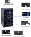 Ultra Cool 50L Digital Electric Camera Lens Drying Cabinet Box with LCD screen, showcasing adjustable shelves, lock box, and LED lights.