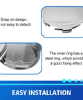 Close-up of Heavy Duty Snap In Wheel Center Caps showing steel inner ring for fixing effect, with snap-on design for easy installation.