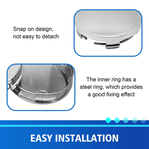 Close-up of Heavy Duty Snap In Wheel Center Caps showing steel inner ring for fixing effect, with snap-on design for easy installation.