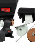 LiebeWH Mini Bench Grinder With 2 Grinding Wheels And Polishing Attachments For Craft Metal Work And Wood Buffing close-up of control switch and wheels
