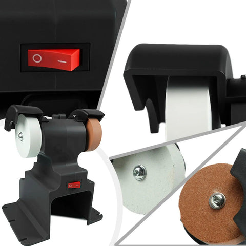 LiebeWH Mini Bench Grinder With 2 Grinding Wheels And Polishing Attachments For Craft Metal Work And Wood Buffing close-up of control switch and wheels