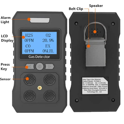 Front and back view of 4 Gas Portable Monitor With Rechargeable Battery and LCD Display Detects H2S O2 CO and LEL Four Gas Detector with 120dB Alarm.