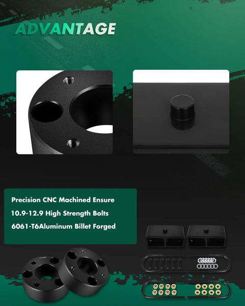 Dodge Ram 1500 2006-2008 3 Inch Front And 2 Inch Rear Leveling Lift Kit with black aluminum spacers and bolts displayed on green background