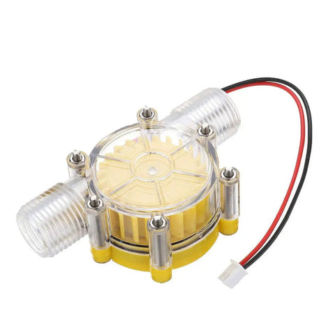 Go-To Portable Micro Hydroelectric Generator For Small Water Flow Half Inch Inlet, 10W 12V Charger Power with clear and yellow turbine