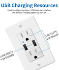 Dual USB Wall Receptacle 15A Tamper Resistant Outlet Cover With 4.2 Amp Fast Charging Ports LED Indicator UL Listed Electrical Faceplate showing 2 USB ports and 2 AC outlets.