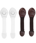Easy Peasy Baby Proofing Locks 4 Pack For Cabinets, Drawers, And Fridge Belt Design Adhesive Safety Locks showing 2 white and 2 brown locks