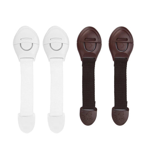 Easy Peasy Baby Proofing Locks 4 Pack For Cabinets, Drawers, And Fridge Belt Design Adhesive Safety Locks showing 2 white and 2 brown locks