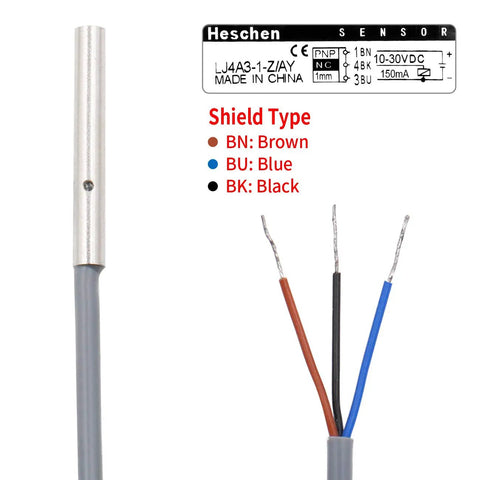 Crazy Accurate M4 Inductive Proximity Sensor Switch With 1mm Sensing Distance And 78 Inch Cable, 10-30VDC, 3-Wire PNP NC, Shielded Detector, LJ4A3-1-Z/AY, Grey, showing shield type and wire colors.