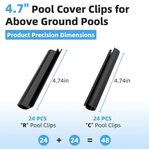 48 Pack 4.7 Inch Rock Solid Pool Cover Clips And Clamps For Above Ground Pools Winter Covers secure R and C clips with dimensions.