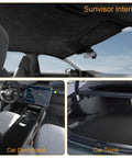 Front view: auto suede headliner fabric with foam backing installed on car roof; 54 by 60 inches, black.

Dashboard view: auto suede headliner fabric with foam backing visible above the dash area.

Trunk view: auto suede headliner fabric with foam backing along rear roof edge inside car.