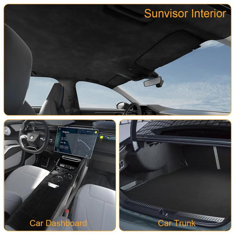 Front view: auto suede headliner fabric with foam backing installed on car roof; 54 by 60 inches, black.

Dashboard view: auto suede headliner fabric with foam backing visible above the dash area.

Trunk view: auto suede headliner fabric with foam backing along rear roof edge inside car.