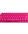 Compact Sixty Percent Wireless Gaming Keyboard Featuring Tactile Optical Switches And Sleek Magenta Build in a top view.