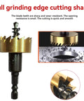 Hardcore Hss Titanium Hole Saw Kit With Killer Sharp Teeth For Smashing Through Steel Iron Aluminum And Plastic Includes Allen Wrenches For Door Lock Install And Cabinet Mods. Close-up of sharp teeth and design.