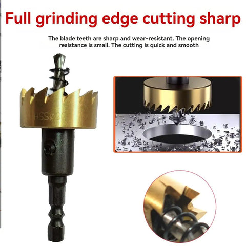 Hardcore Hss Titanium Hole Saw Kit With Killer Sharp Teeth For Smashing Through Steel Iron Aluminum And Plastic Includes Allen Wrenches For Door Lock Install And Cabinet Mods. Close-up of sharp teeth and design.