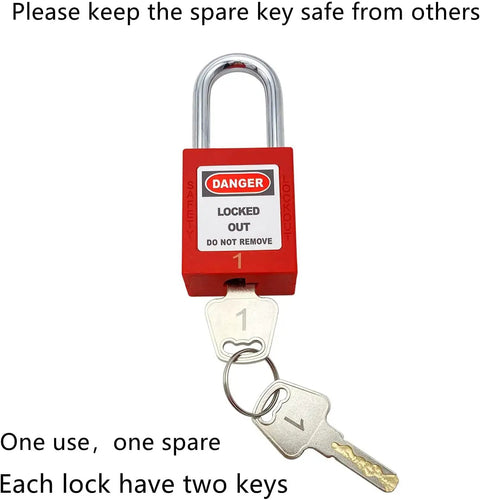 50 Keyed Differing Lockout Tagout Locks With 50 Unique Keys And 50 Tags For Compliance, red lock with two keys attached