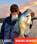 Angler holding a large crappie fish at a lake, sunset in the background. Text reads 'It's about... Making Memories!'