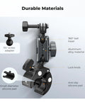 Super Clamp Camera Mount with 360 Degree Dual Ball Head showing aluminum body, lock knob, and anti-slip silicone pad