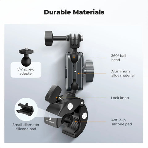 Super Clamp Camera Mount with 360 Degree Dual Ball Head showing aluminum body, lock knob, and anti-slip silicone pad