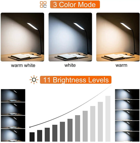 Clip On LED Desk Lamp With Eye Caring Light And Metal Clip 11 Brightness Levels And 3 Color Modes USB Powered 5W Reading Lamp