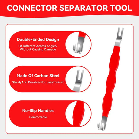 Double-ended connector separator tool with red no-slip handle, part of 4-Piece Auto Electrical Disconnect Pliers Set With Storage Box For Safe Push Tab Connectors Includes Straight And 60 Degree Jaw Disconnect Pliers Hose Clamp Pliers And Dual Ended Tool For MAF Sensors Fuel Injectors And Ignition Coils A Must-Have Pro made of carbon steel
