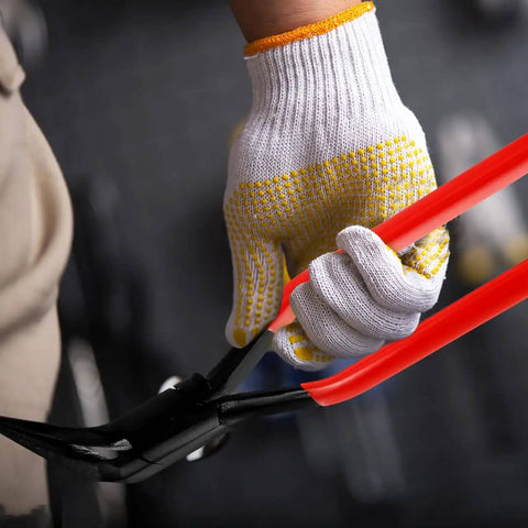 Person using Sheet Metal Bender Pliers 10.23 Inch Folding Edge Hand Seamers with Built In Lock for metalworking projects.