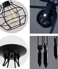 Close-up of Five Head Adjustable Industrial Pendant Light with Vintage Spider Design; Edison bulb, pulley, and wires detail.