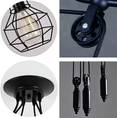 Close-up of Five Head Adjustable Industrial Pendant Light with Vintage Spider Design; Edison bulb, pulley, and wires detail.