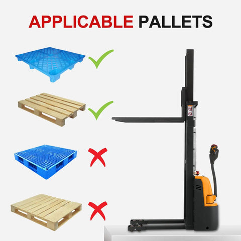Image of Fully Electric Pallet Stacker crushing 2640 pound loads, showcasing applicable pallets for smooth navigation.