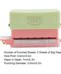 Grab And Go 5 Hole Paper Puncher Mini Handheld Circle Punch Tool for A4 A5 B5 paper sizes, pink and green, front view.