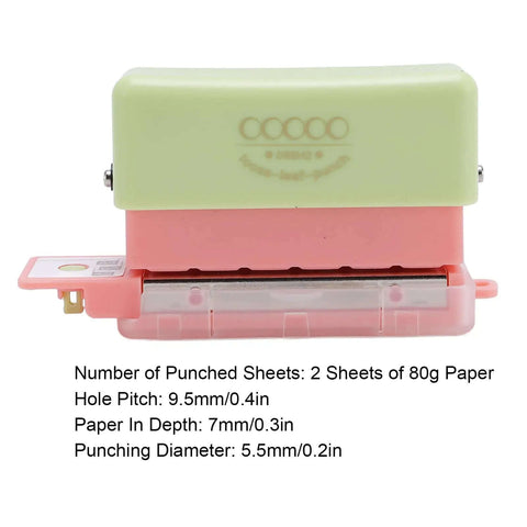 Grab And Go 5 Hole Paper Puncher Mini Handheld Circle Punch Tool for A4 A5 B5 paper sizes, pink and green, front view.