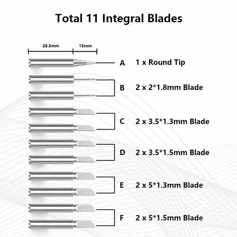 Total 11 Integral Blades for Afantti Electric Hot Knife Plastic Cutter, featuring various blade sizes, ideal for precision foam cutting.