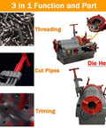 Built Tough Electric Pipe Threader Machine Cuts And Threads Half To Three Inch Steel Pipes With A Muscle Packed Seven Five Zero Watt Motor For Zero Hassle Plumbing Jobs And Rock Solid Job Site Performance showing threading, cutting, and trimming features.