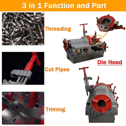 Built Tough Electric Pipe Threader Machine Cuts And Threads Half To Three Inch Steel Pipes With A Muscle Packed Seven Five Zero Watt Motor For Zero Hassle Plumbing Jobs And Rock Solid Job Site Performance showing threading, cutting, and trimming features.