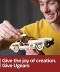 Winged Sports Coupe 1:24 Wooden Model Kit for Adults, DIY 3D Puzzle Car With Gull Wing Design, Pull Back Ratchet Key Action, Realistic Details, Gearhead Approved Auto Hobby Favorite, person assembling wooden car