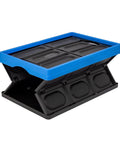 Heavy Duty Collapsible Storage Bin With 12 Gallon Capacity And Built In File Organizer Rails For Home Office Garage Car Trunk Folding Plastic Tote With Easy Grip Handles Black Blue with blue lid opened.
