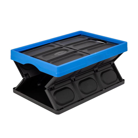 Heavy Duty Collapsible Storage Bin With 12 Gallon Capacity And Built In File Organizer Rails For Home Office Garage Car Trunk Folding Plastic Tote With Easy Grip Handles Black Blue with blue lid opened.