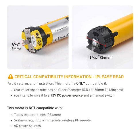 Close-up of DC 12V Tubular Roller Blind Motor for 30mm tubes with built-in mechanical limit switch for RV shades