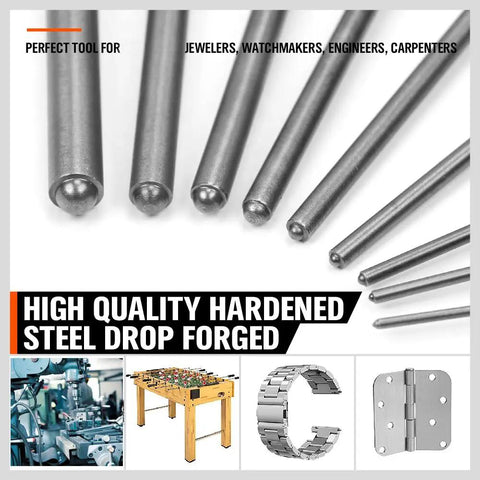 Roll Pin Punch Set 9 Pieces with Holder for Automotive, Watch Repair, Jewelry, Craft Projects; Chrome Vanadium, Heat Treated.