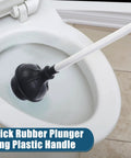 Tough As Nails 8 Pack Toilet Plungers Bulk Set Double Thrust Rubber Force Cup With Long Comfort Grip Handle For Kitchen Bathroom And Commercial Drain Clearing thick rubber plunger with long plastic handle in toilet bowl.