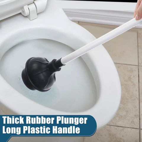 Tough As Nails 8 Pack Toilet Plungers Bulk Set Double Thrust Rubber Force Cup With Long Comfort Grip Handle For Kitchen Bathroom And Commercial Drain Clearing thick rubber plunger with long plastic handle in toilet bowl.