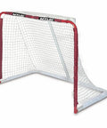 Heavy Duty Steel Junior Hockey Goal For Indoor And Outdoor Play 52 By 43 Inches Easy Assembly Lightweight And Portable Net Weave System Red 17 Pounds Built For Shots Passes And Backyard Hockey Showdowns, side view showing steel tubing and nylon net