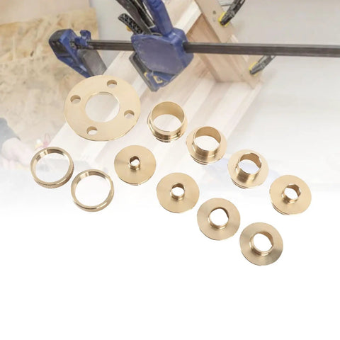 Dead Nuts Accurate Solid Brass Router Guide Kit with Eleven Precision Template Bushings shows brass bushings for precision routing.