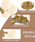 Brushed Gold Sputnik Flush Mount Ceiling Light With Six Milk Glass Globes, stable iron ceiling plate, brass lamp body, frosted shade